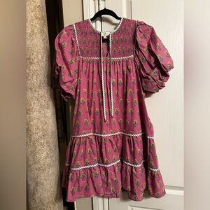 entro Pink Floral Puff Sleeve Smocked Yoke Dress